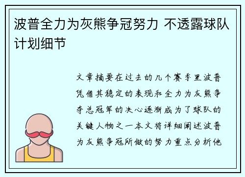 波普全力为灰熊争冠努力 不透露球队计划细节