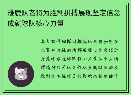 雄鹿队老将为胜利拼搏展现坚定信念成就球队核心力量