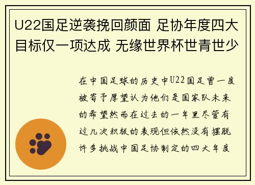 U22国足逆袭挽回颜面 足协年度四大目标仅一项达成 无缘世界杯世青世少